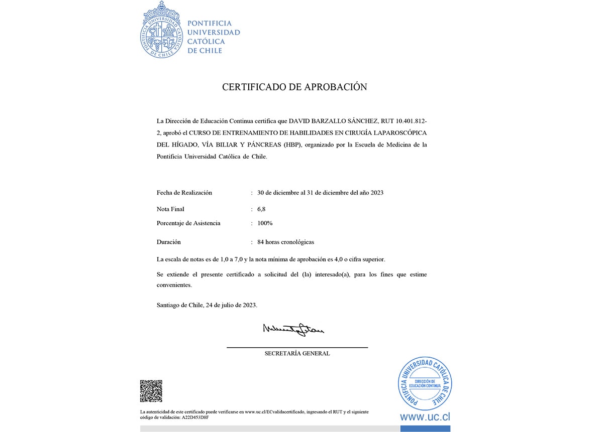 Diploma Dr. David Barzallo Cirujano General Cuenca Certificado Curso HBP