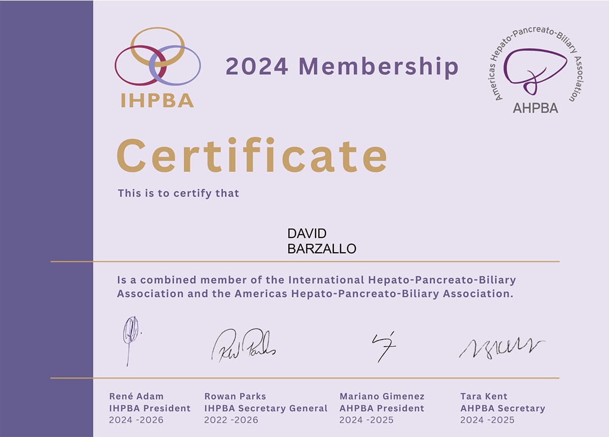Diploma Dr. David Barzallo Cirujano General Cuenca Certificado IHPBA