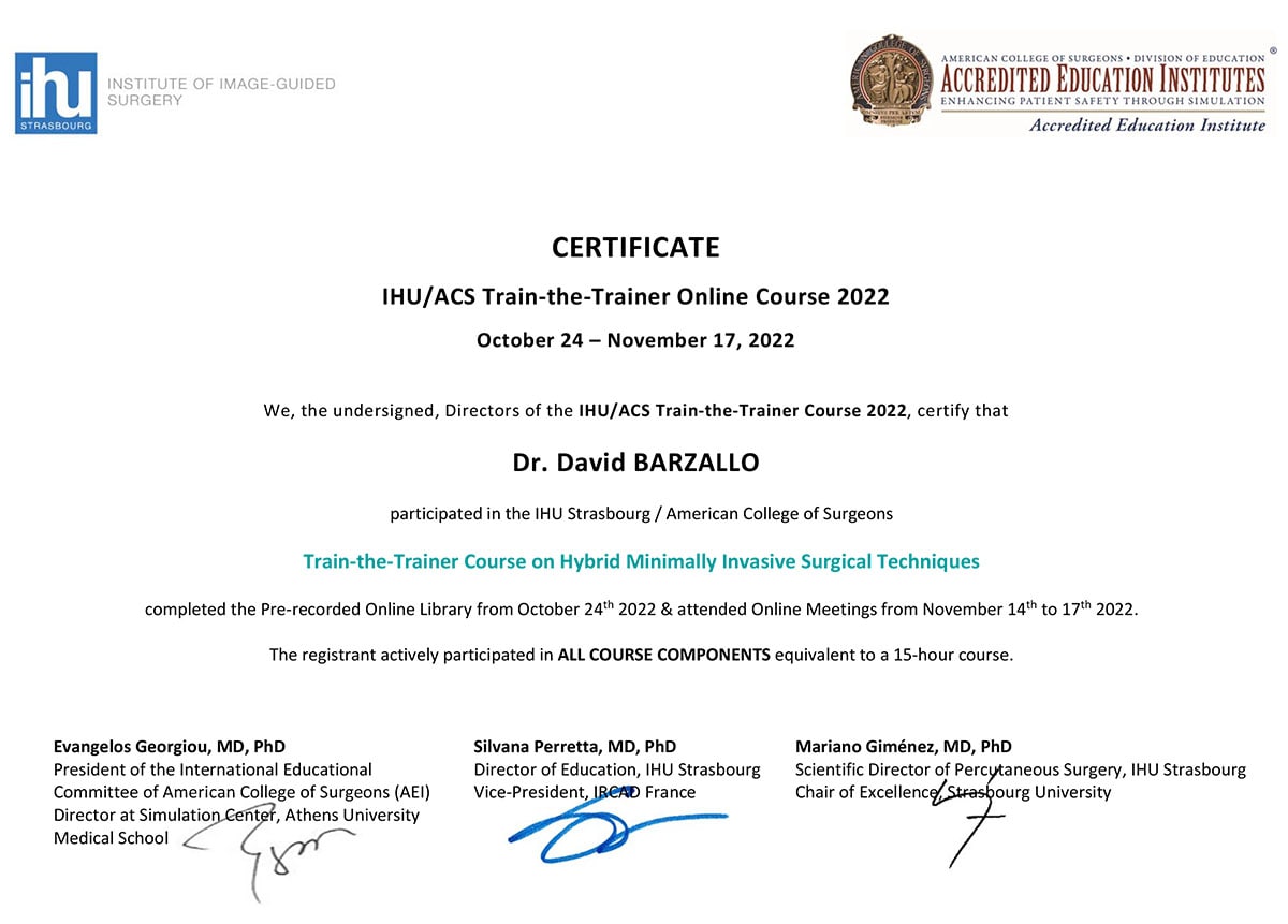 Diploma Dr. David Barzallo Cirujano General Cuenca Certificado IHU ACS