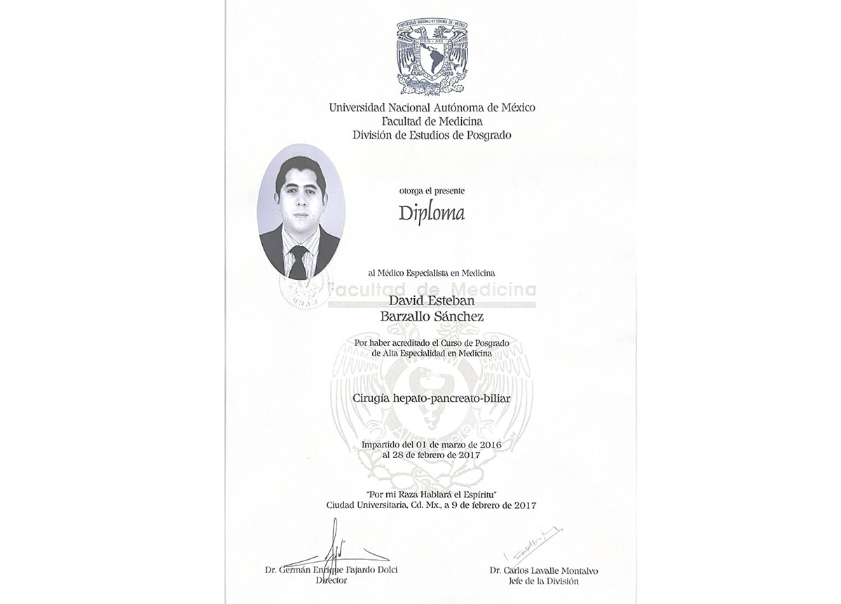 Diploma Dr. David Barzallo Cirujano General Cuenca Diploma UNAM