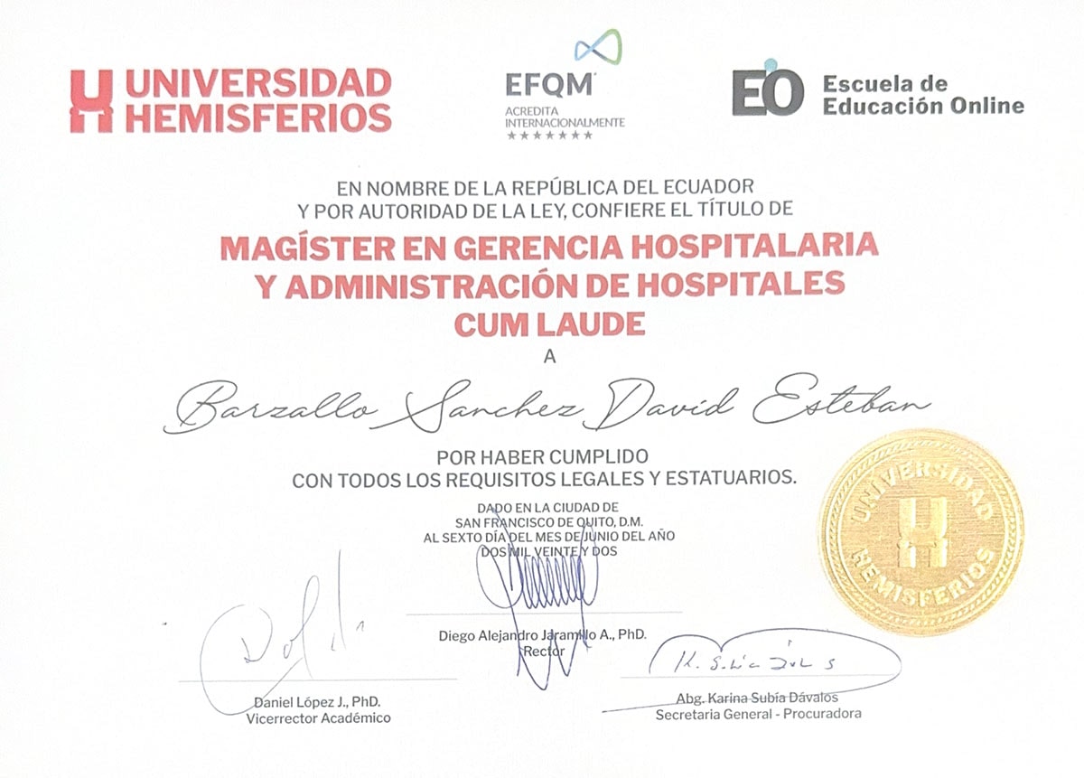 Diploma Dr. David Barzallo Cirujano General Cuenca Dos Hemisferios