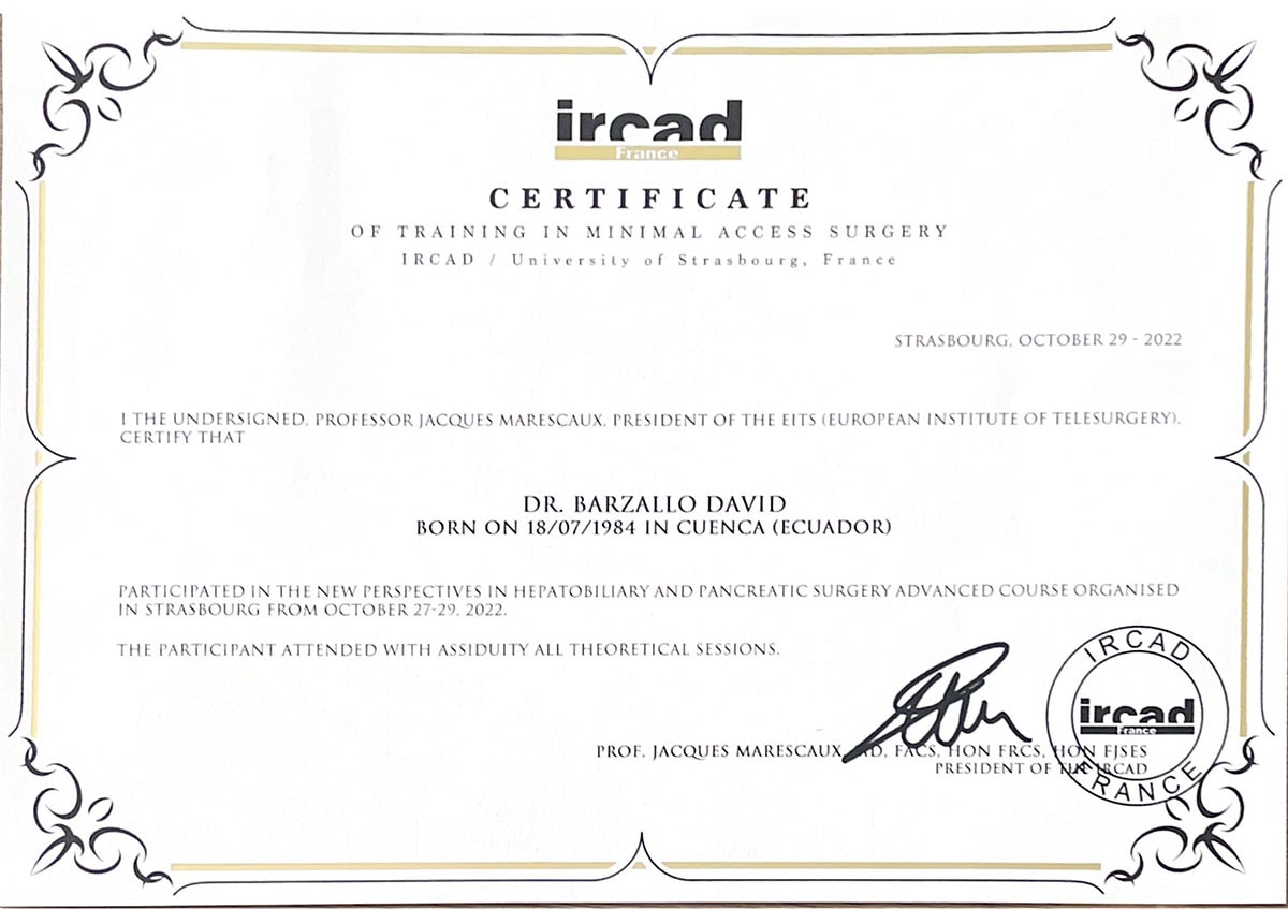 Diploma Dr. David Barzallo Cirujano General Cuenca IRCAD1