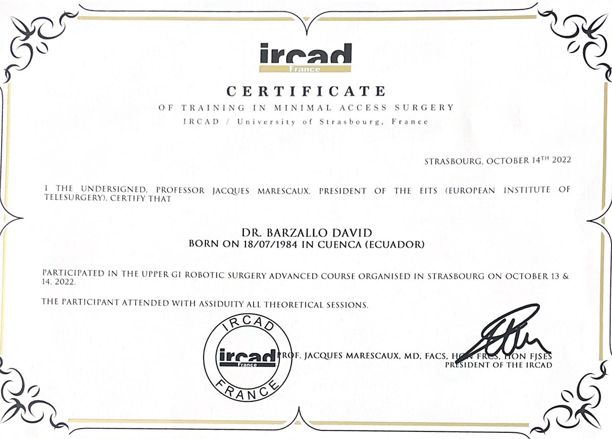 Diploma Dr. David Barzallo Cirujano General Cuenca IRCAD2